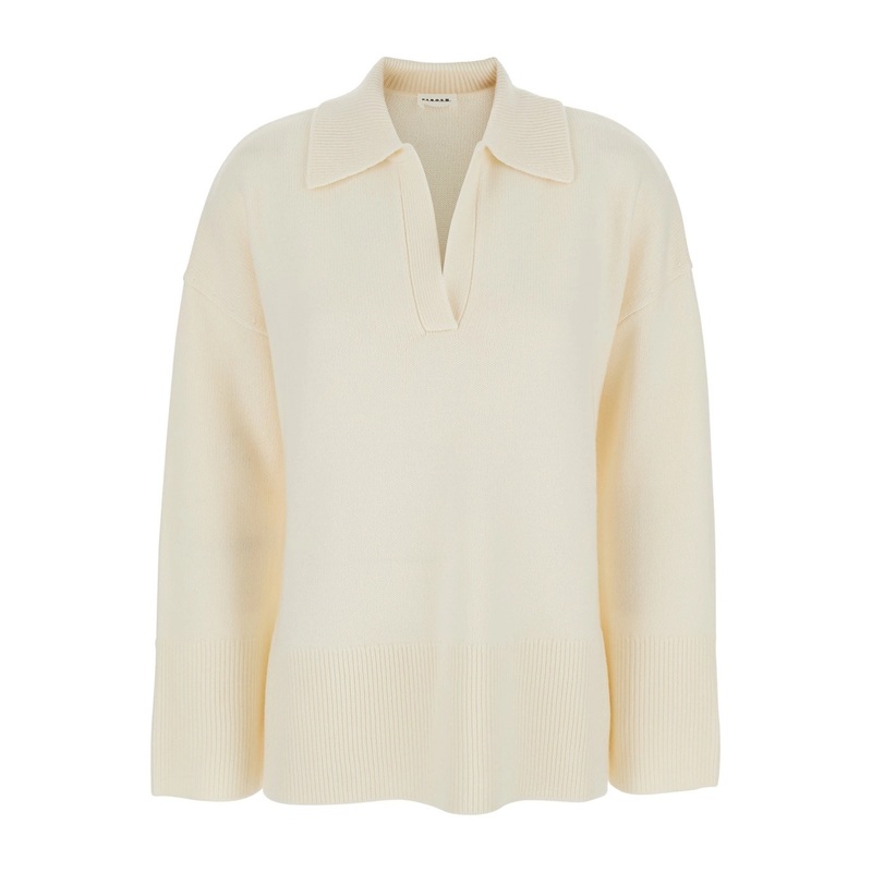 White Sweater with Polo Shirt Style Collar and Dropped Shoulder in Wool and Cashmere Woman