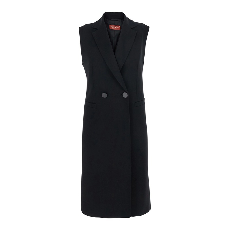 ‘Zena’ Black Long Double-Breasted Sleeveless Vest with Notched Revers in Tech Fabric Woman