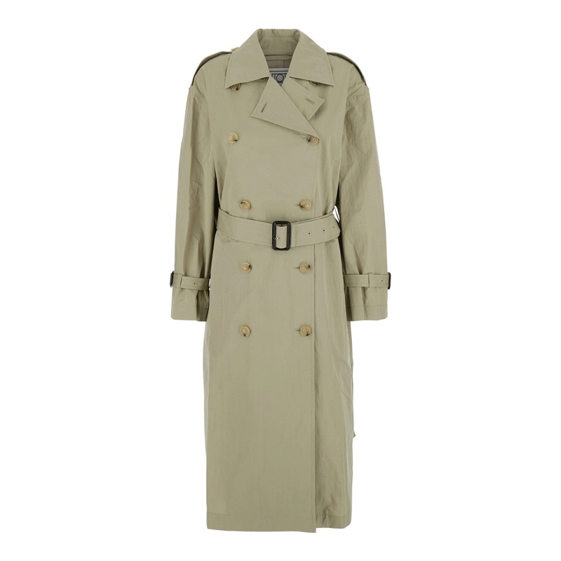 Beige Double-breasted Trench Coat with Removable Waistband in Cotton Blend Woman
