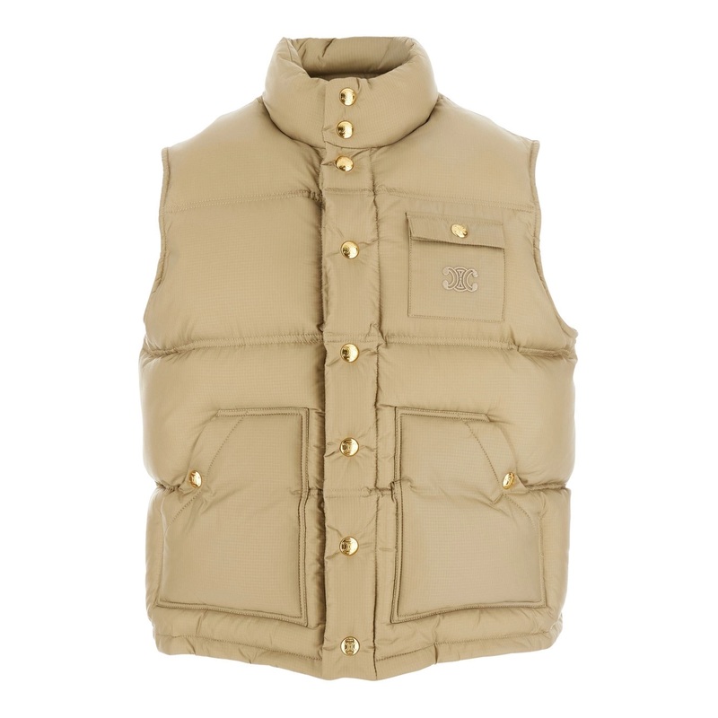 Beige Down Jacket with Triomphe Logo on Front in Tech Fabric Woman