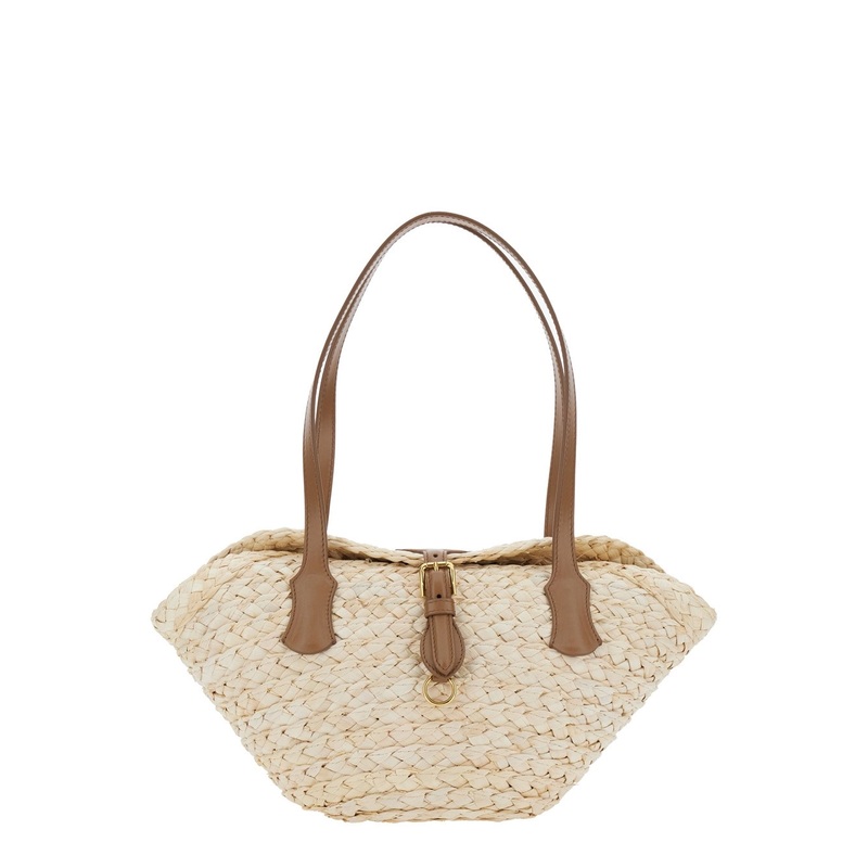 Beige Shoulder Bag with Two Top Handles and Interwoven Design in Raffia Woman