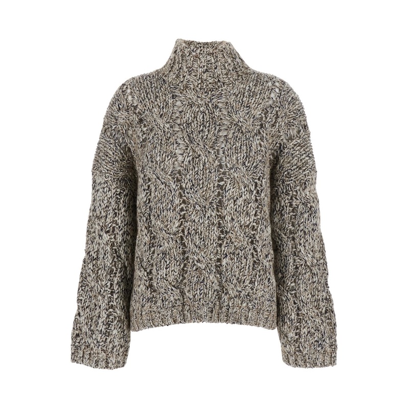 Beige Turtleneck Sweater with Braided Knit Detail in Wool and Cashmere Blend Woman