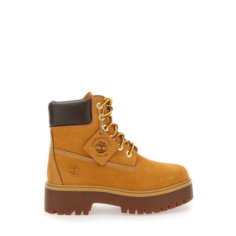 Beige Water-Proof Boots with Logo Plate in Leather Woman