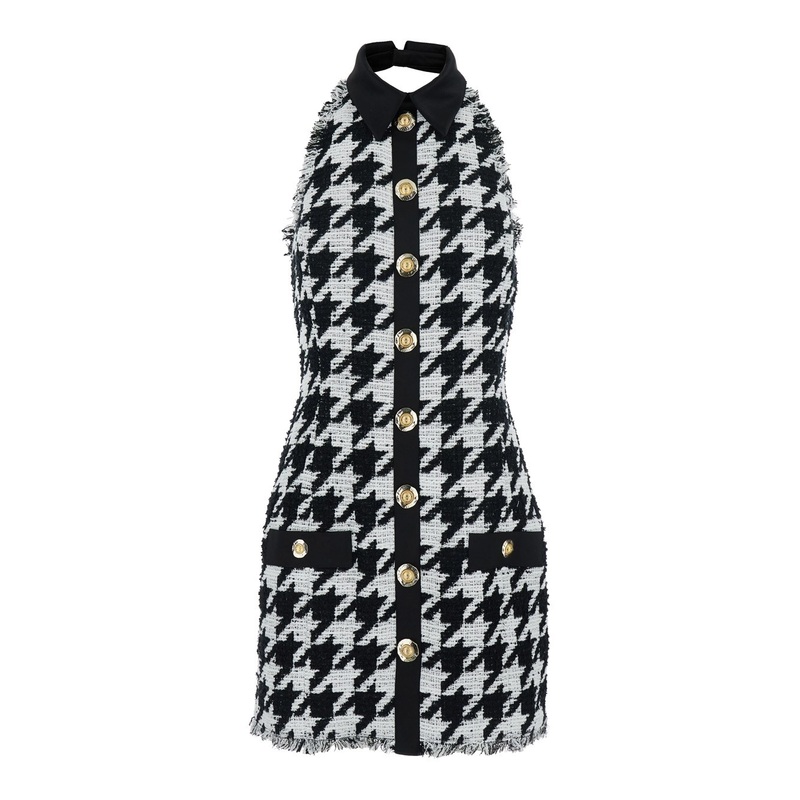 Black and White Halterneck Mini Dress with Houndstooth Motif in Tweed and Satin Woman