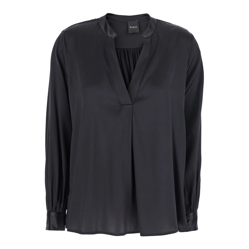 Black Blouse with V Neck and Buttoned Cuffs in Silk Woman