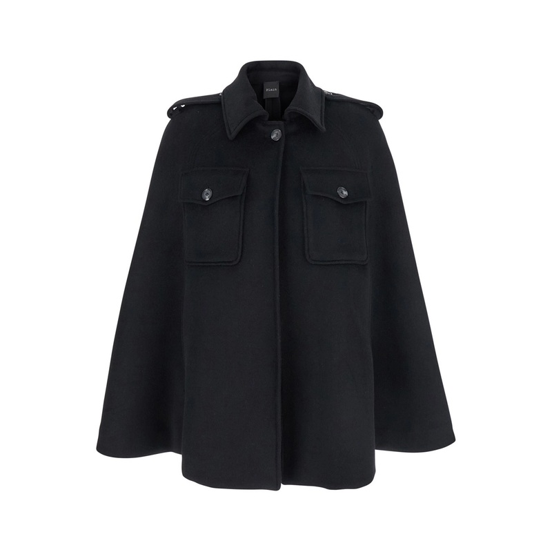 Black Cape with Classic Collar and Front Button Closure in Wool Woman