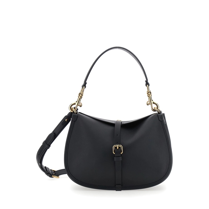 Black Crossbody Bag with Removable Shoulder Strap and Belt with Buckle on the Front in Leather Woman
