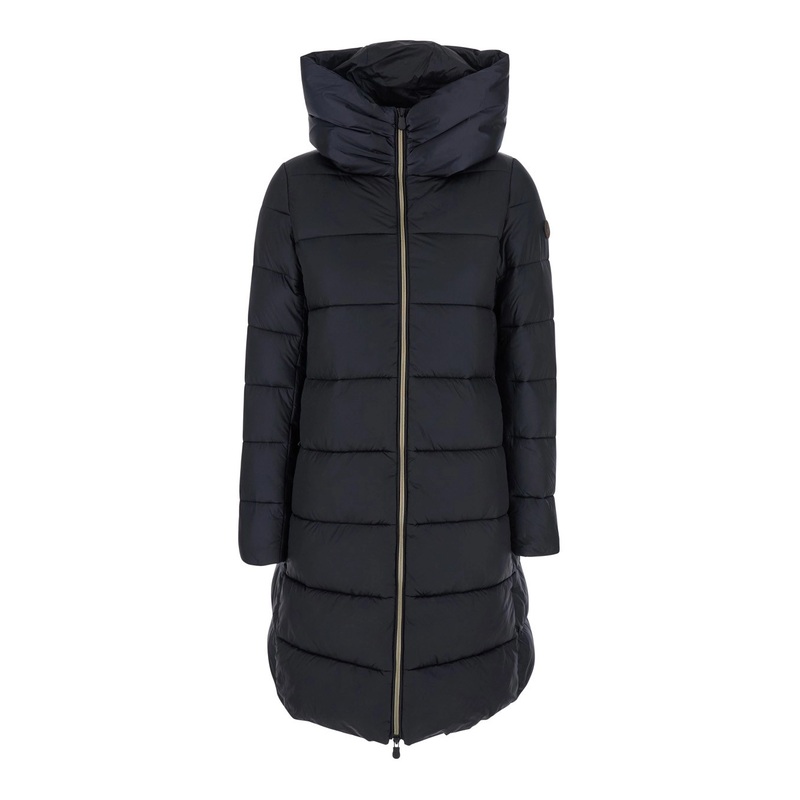 Black Down Jacket with Fixed Hood and Logo Patch on the Sleeve in Tech Fabric Woman
