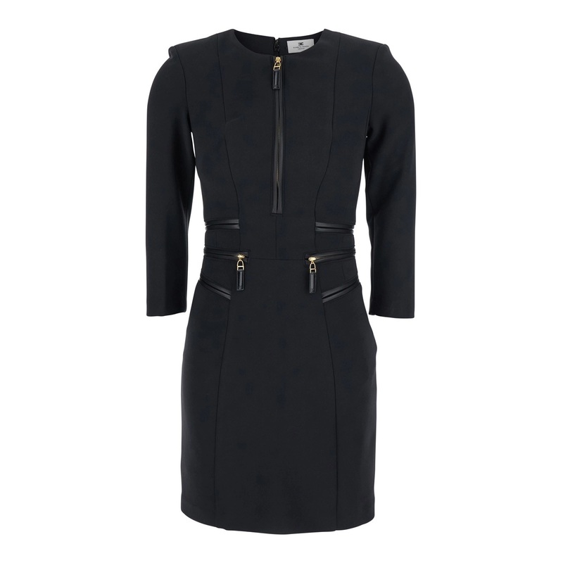 Black Dress with Zip Closure and Three-Quarter Length Sleeves in Fabric Woman