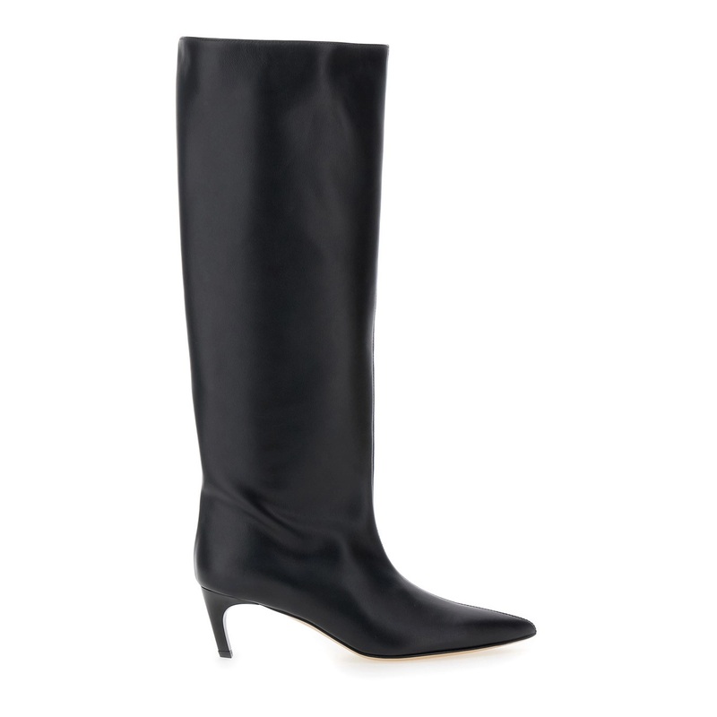 Black High Boots with Pointed Toe and Low Heel in Leather Woman