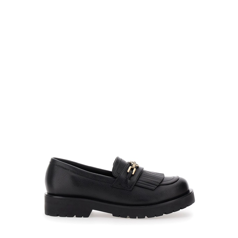 Black Loafers with Platform and Metallic Logo in Leather Woman
