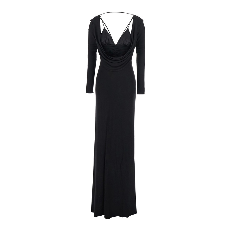 Black Long Dress with V-Neck and Drape Details in Fabric Woman