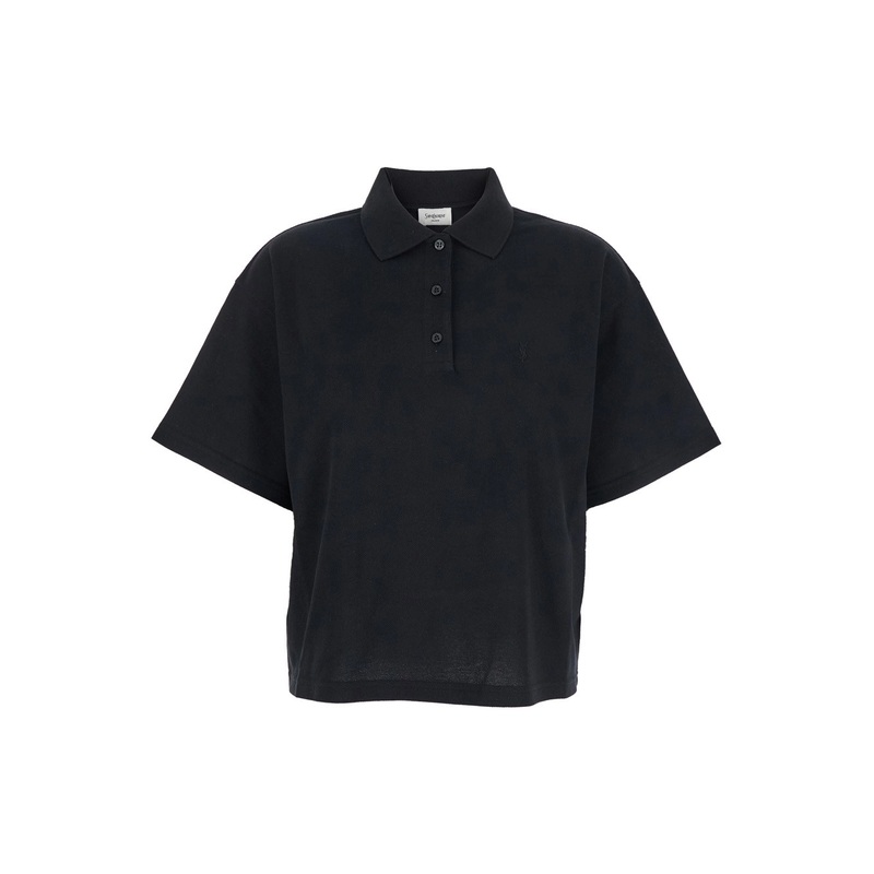 Black Oversize Polo Shirt with Classic Collar and Tonal Logo Embroidery on the Front in Cotton Piquet Woman
