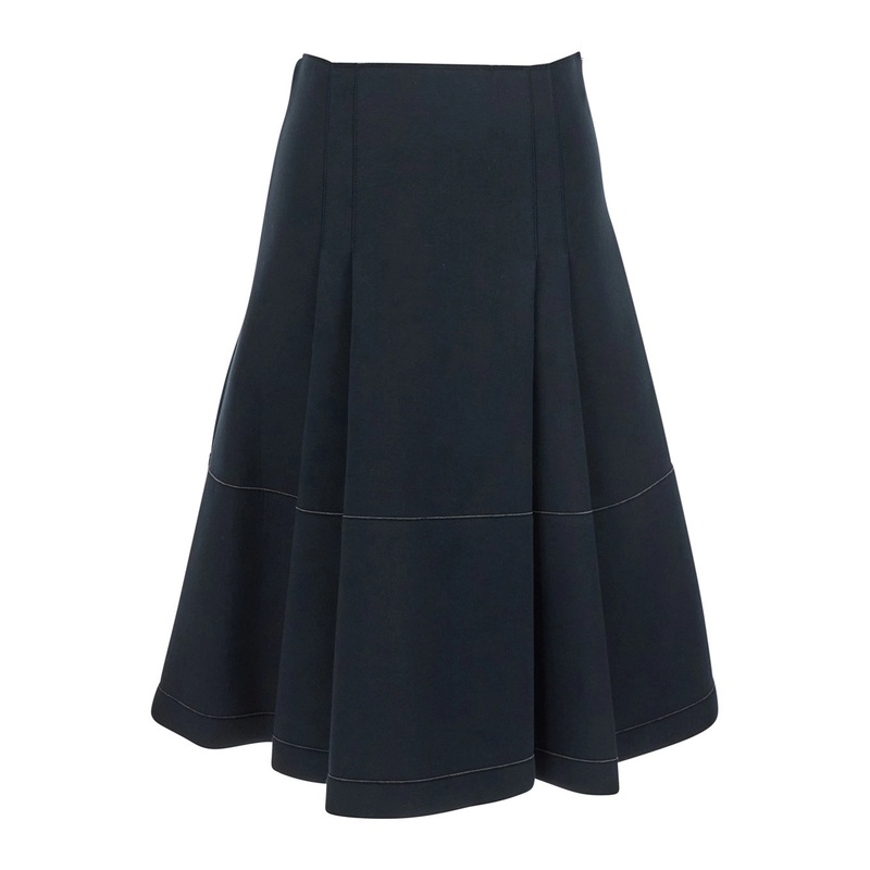 Black Pleated Midi Skirt with Concealed Side Zip Closure and Logo Patch on the Rear in Cotton Stretch Woman