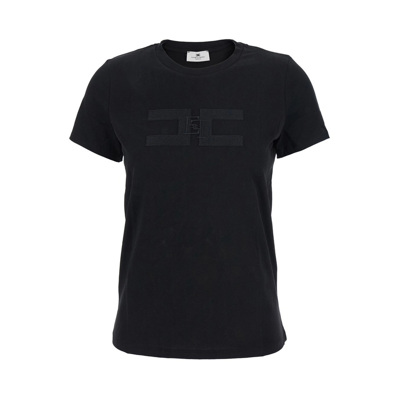 Black T-Shirt with Embroidered Logo on the Front in Cotton Woman