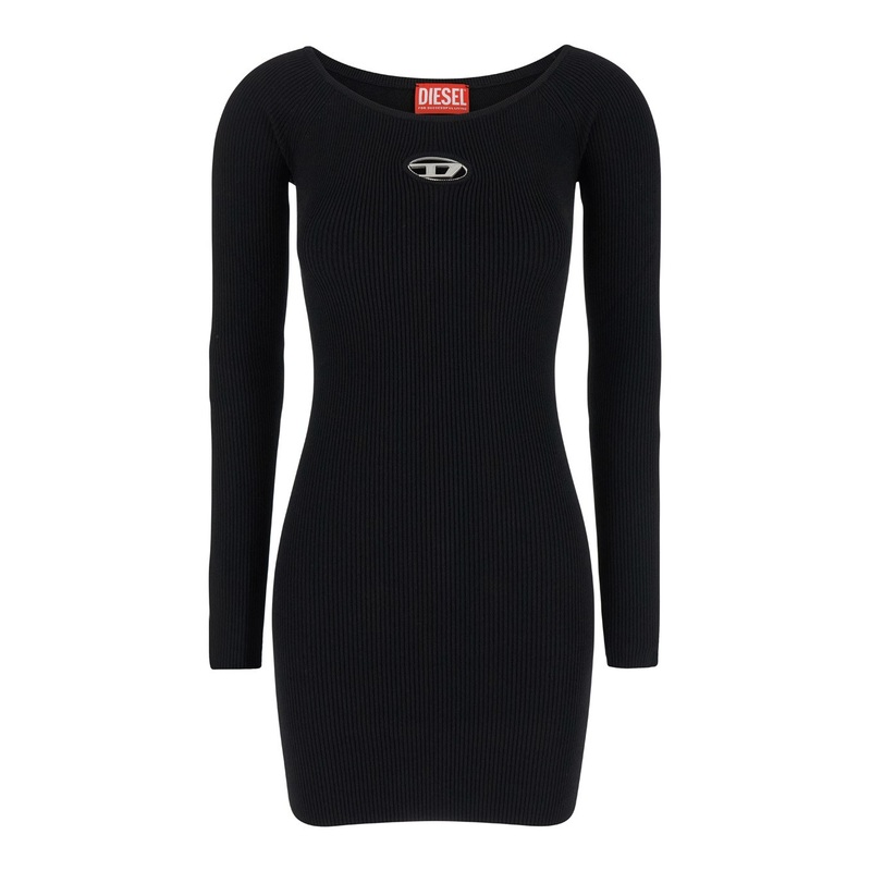 Black U Neck Dress with D-Logo in Ribbed Fabric Woman