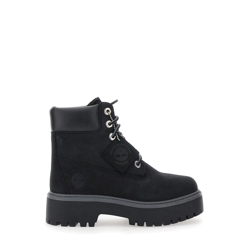 Black Water-Proof Boots with Logo Plate in Leather Woman