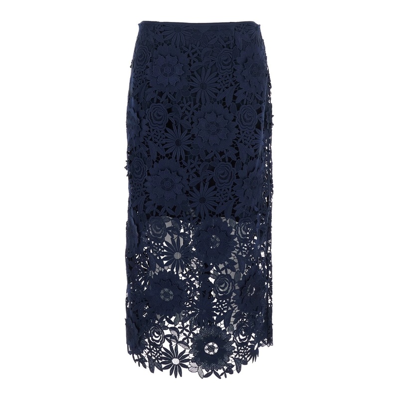 Blue Skirt with Semi Transparent Design and Floral Decorations in Fabric Woman