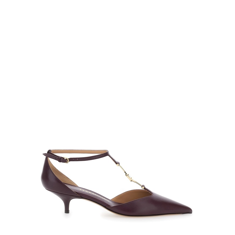 Bordeaux Pumps with T Strap and Low Heel in Leather Woman