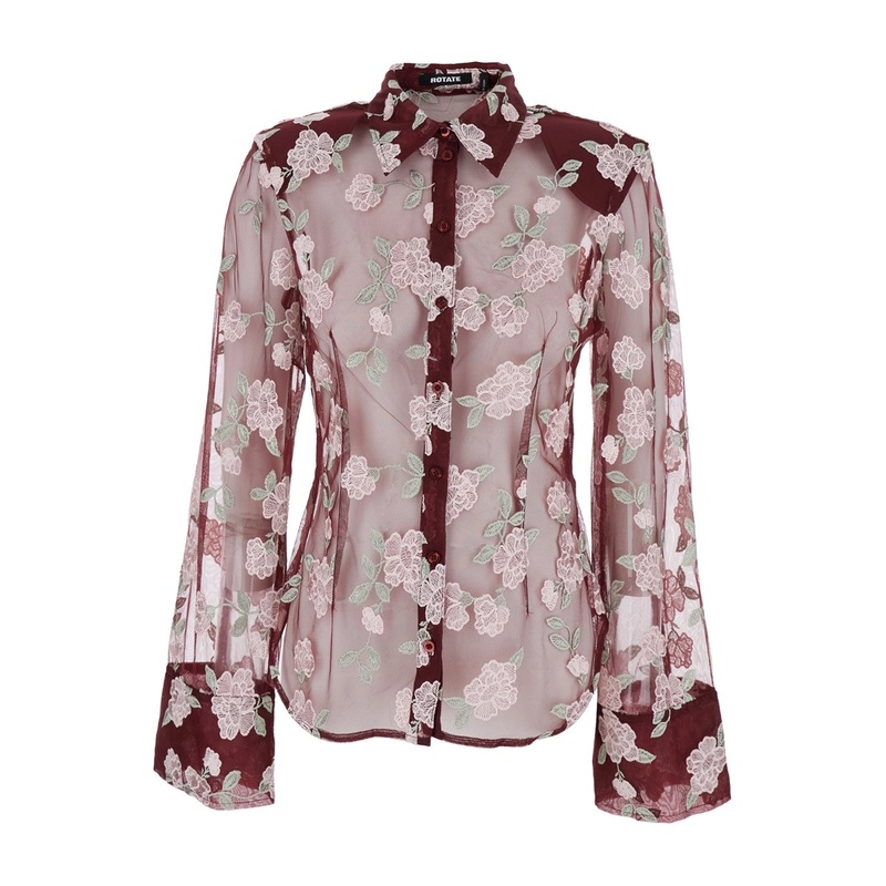 Bordeaux Shirt with All-Over Embroidered Flowers in Fabric Woman