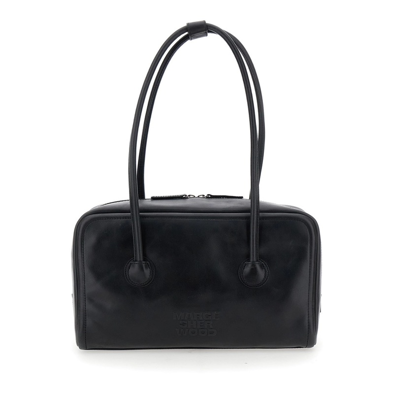 ‘Boston’ Black Shoulder Bag with Embossed Logo Lettering on the Front in Leather Woman