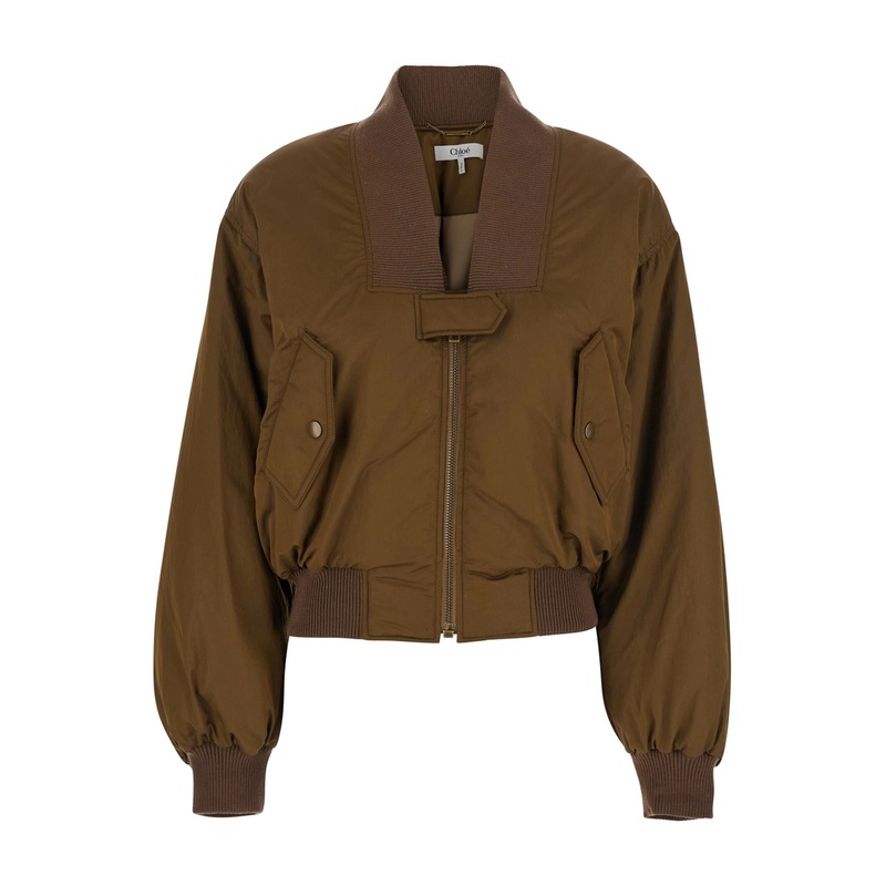 Brown Bomber Jacket with V Neck and Front Zip Closure in Tech Fabric Woman