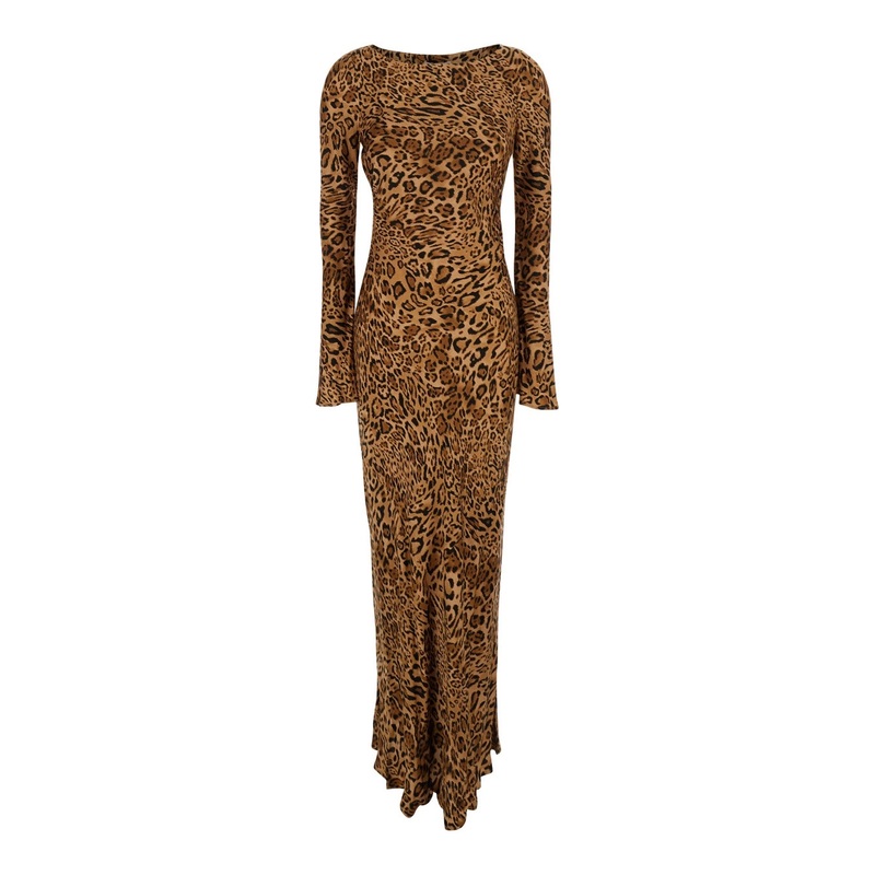 Brown Dress with Round Neck and All-Over Leopard Print in Viscose Woman