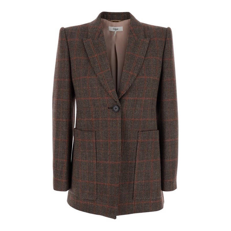 Brown Single-Breasted Jacket with Peak Revers and All-Over Check Motif in Wool Woman