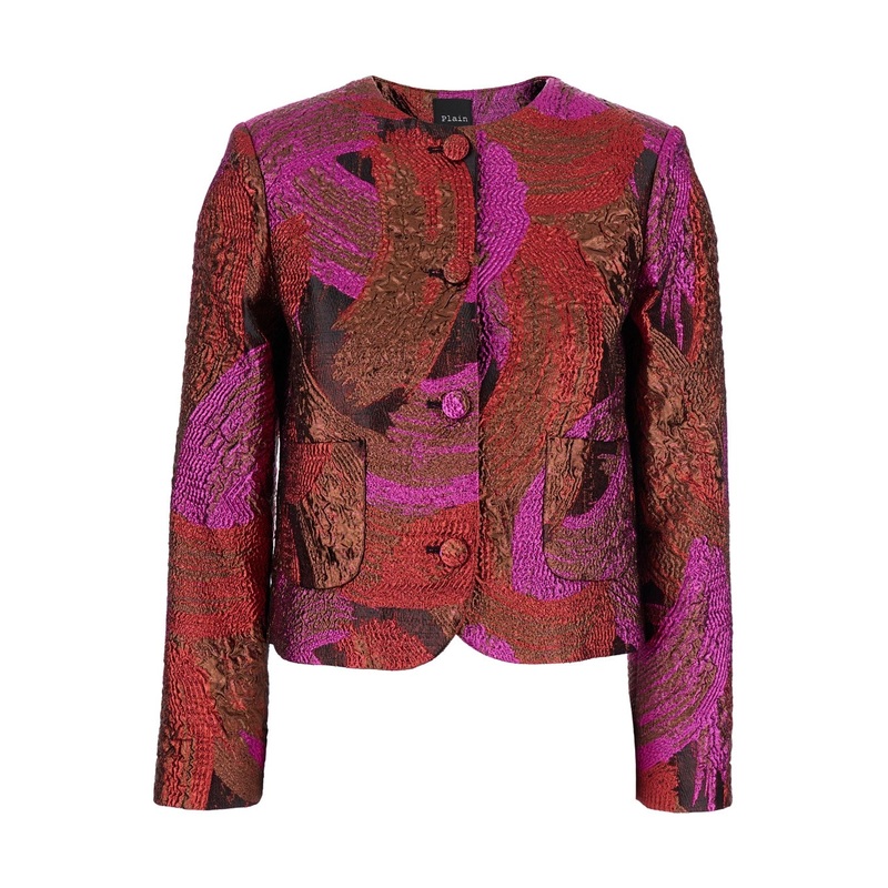 Fuchsia Collarless Jacket with All-Over Broccato Motif in Tech Fabric Woman