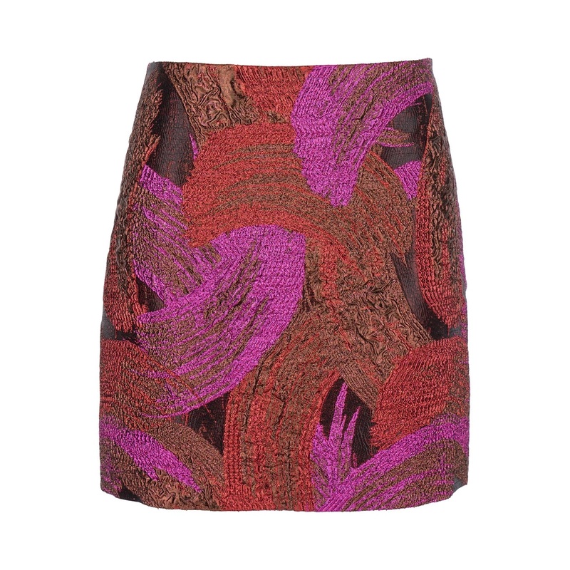 Fuchsia Mini Skirt with All-Over Broccato Motif and Concealed Rear Zip Closure in Tech Fabric Woman