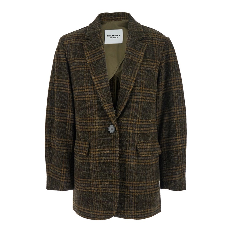 ‘Gesina’ Green Single-Breasted Jacket with Notched Revers and All-Over Check Motif in Wool Woman