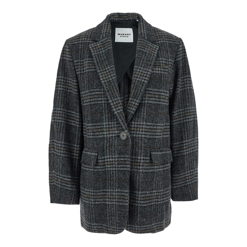 ‘Gesina’ Grey Single-Breasted Jacket with Notched Revers and All-Over Check Motif in Wool Woman