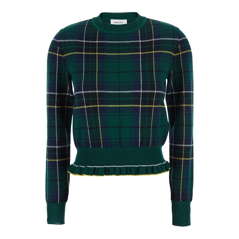 Green Crew Neck Sweater with Tartan Pattern and Fringed Hem in Wool Woman
