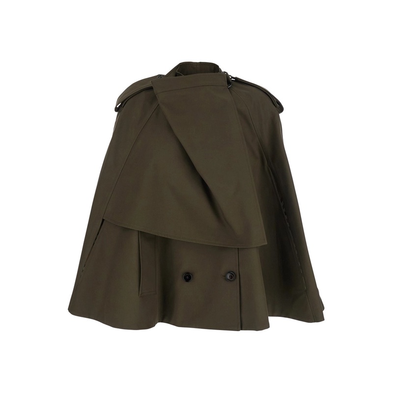 Green Double-Breasted Cape with Front Button Closure in Cotton Woman