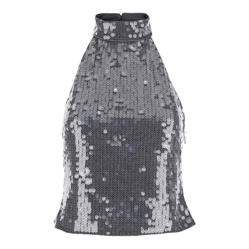Grey Sleeveless Top with All-Over Sequins in Tech Fabric Woman