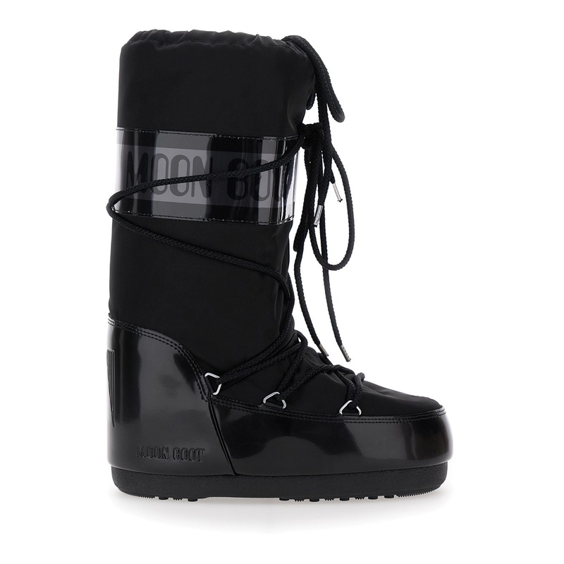 ‘Icon’ Black Snow Boots with Maxi Logo Print on the Side in Tech Fabric Woman