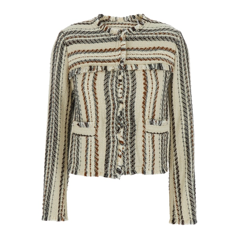 ‘Izaria’ Beige Jacket with Fringed Round Neck and All-Over Striped Motif in Cotton and Wool Blend Woman