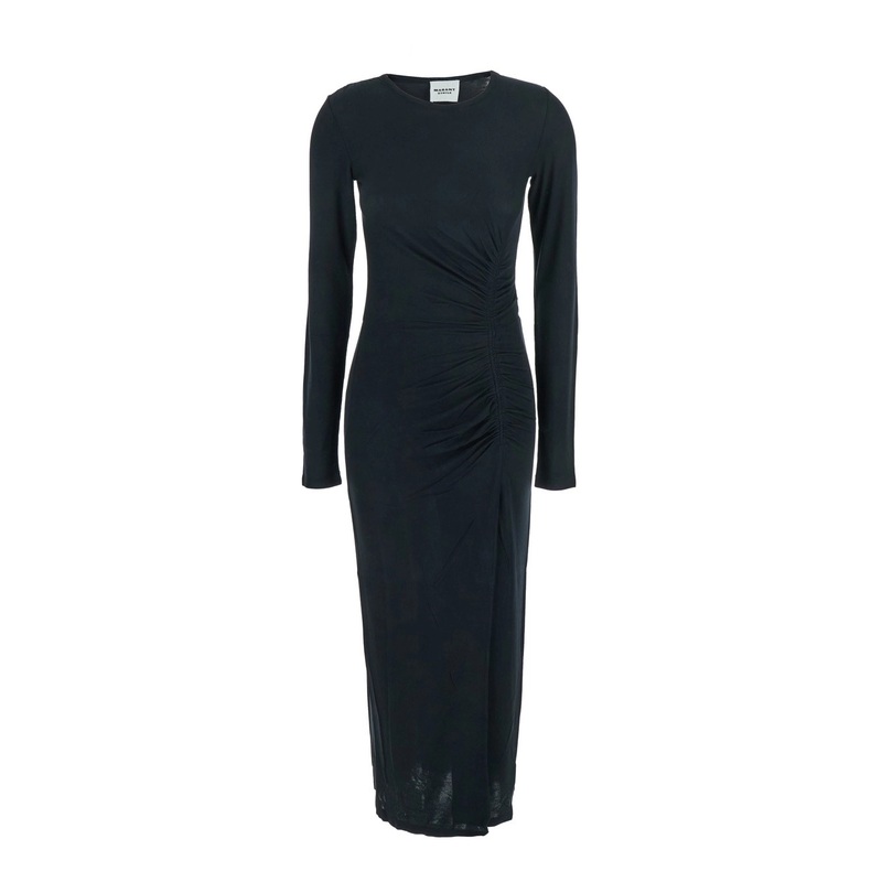 ‘Jelina’ Black Midi Dress with Round Neck and Ruched Details in Modal Stretch Woman