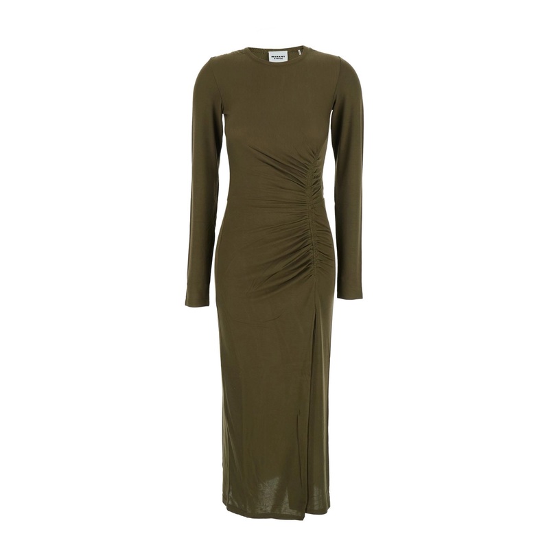 ‘Jelina’ Green Midi Dress with Round Neck and Ruched Details in Modal Stretch Woman