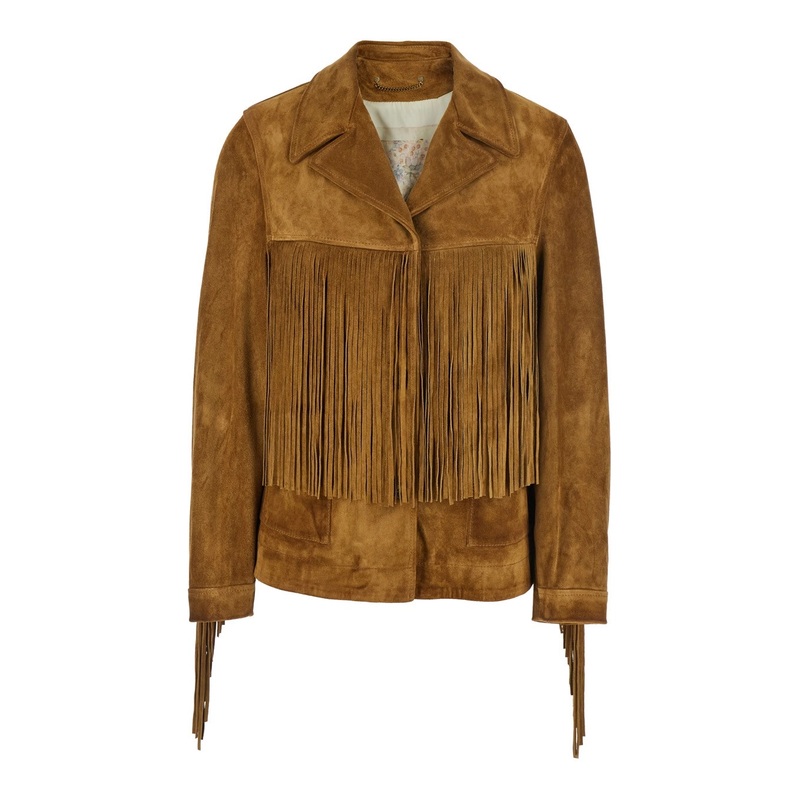 ‘Journey’ Brown Jacket with Notched Collar and Fringed Details in Suede Woman