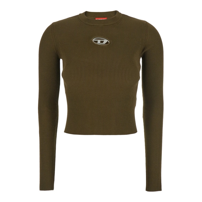 ‘M-Valari’ Cropped Long-Sleeve Crewneck T-Shirt with Logo on the Front in Viscose Blend Woman