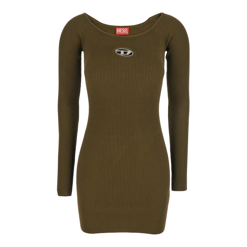 ‘M-Vera’ Green Mini Dress with Boat Neckline and Cut-Out with Logo on the Front in Viscose Stretch Woman