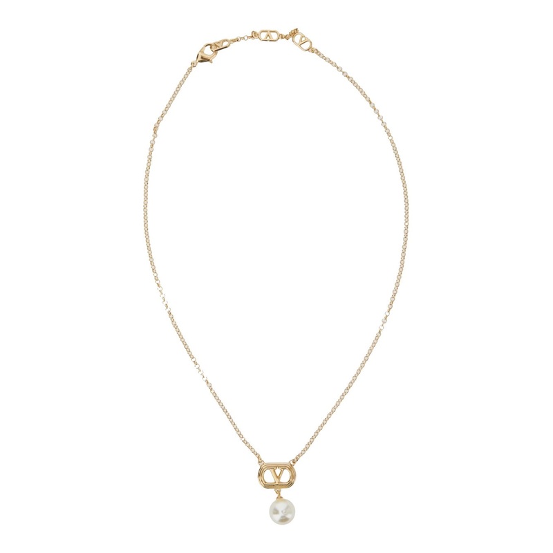 Metallic Chain-Link Necklace with VLogo Charm with Pearl in Brass Woman