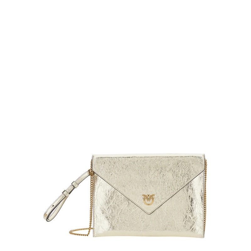 Metallic Clutch Bag with Metal Plate and Love Birds Logo in Leather Woman