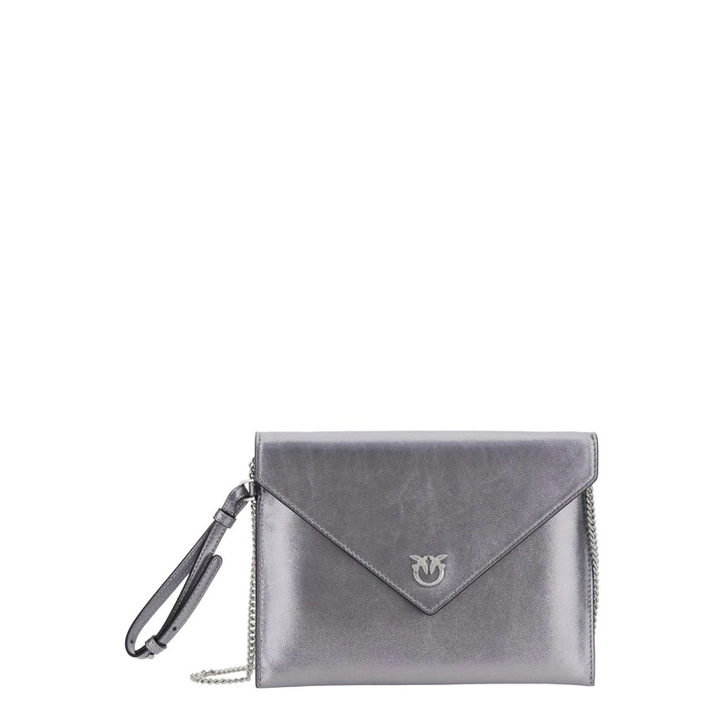 Metallic Grey Clutch Bag with Metal Plate and Love Birds Logo in Leather Woman