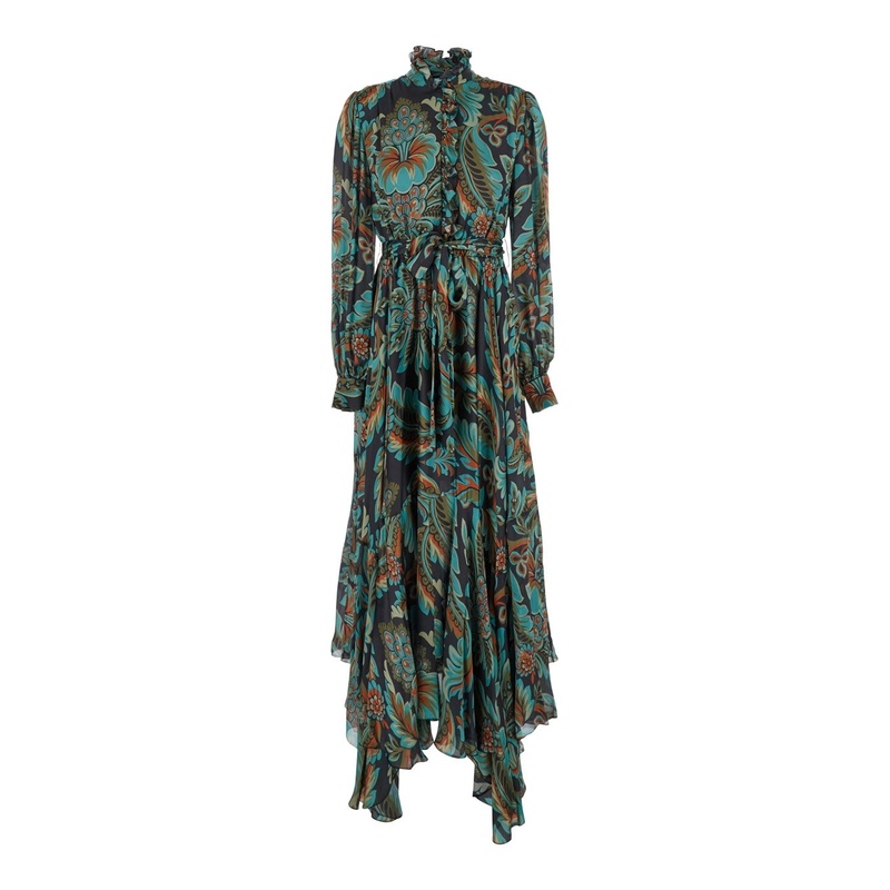 Multicolor Long Dress with Self-Tie Belt and All-Over Floral Print in Silk Woman