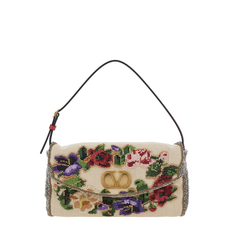 Multicolor Shoulder Bag with VLogo Plaque on the Front and Floral Embroidery in Linen Woman