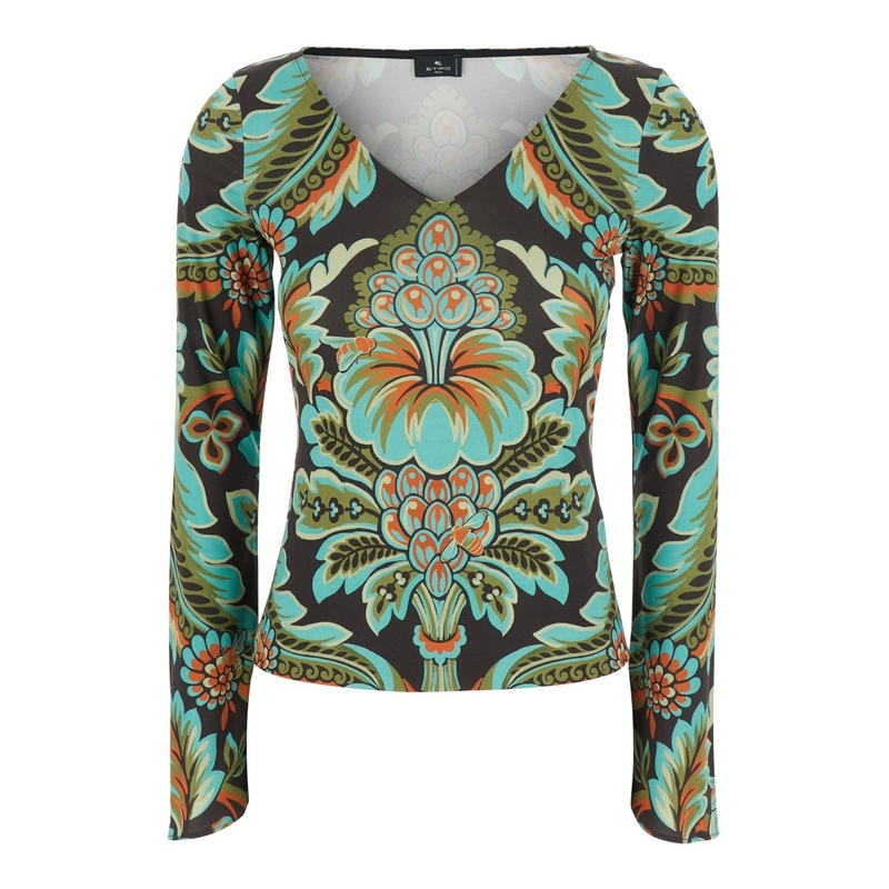 Multicolor V-neck Top with All-Over Floral Print in Viscose Blend Woman