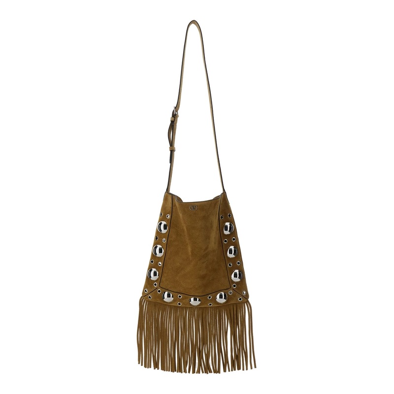 ‘Nellcote’ Beige Crossbody Bag with Fringes and VLogo Plaque on the Front in Leather Woman