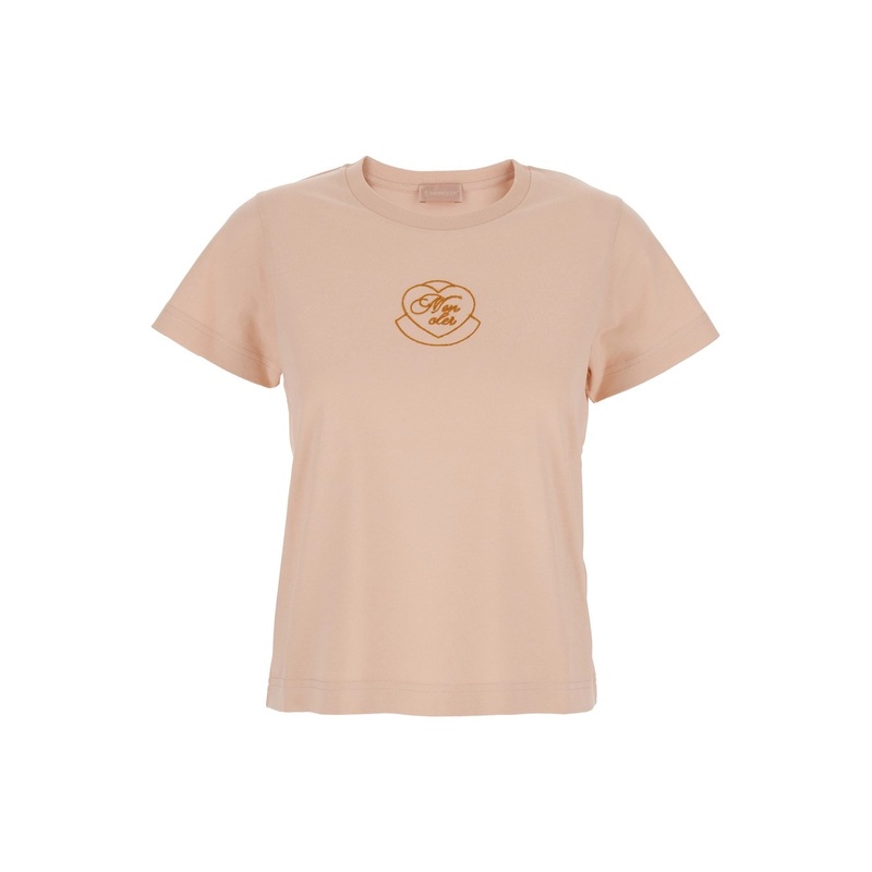 Pink Crewneck T-Shirt with Logo Embroidery on the Front in Cotton Woman